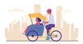 Rickshaw pulling woman. Travel by trishaw. City transportation. Bike vehicle. Man riding tricycle. Pedicab taxi