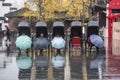 The rickshaws waiting for guests on the Confucius Temple market in the early winter and rainy days