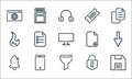 ricon line icons. linear set. quality vector line set such as save option, filter, notification bell, lock, smartphone, fire, new