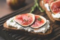 Ricotta cheese and figs on rye bread toast Royalty Free Stock Photo