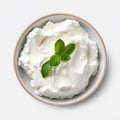 ricotta cheese in a white saucer with a mint leaf