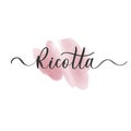 Ricotta lettering logo. Inscription for packing cheese. Calligraphic handmade lettering with watercolor smear stain.