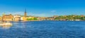 Riddarholmen island district with Riddarholm Church spires, typical sweden colorful gothic buildings, Lake Malaren, Stockholm