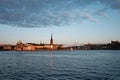 Riddarholmen island and the old town at sunset skyline view from town hall waterfront Stockholm