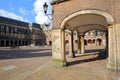 The Ridderzaal Knight`s Hall, which forms the center of the Binnenhof 13 century gothic castle, with the neo-gothic fountain Royalty Free Stock Photo