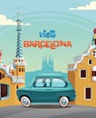 Ride through Guell park , landmark of Barcelona , in blue car