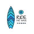 Ride the wave.Tribal ornament surfboard isolated on white