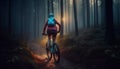 sunset woman bike cycling dark bicycle summer walking forest sport nature. Generative AI.