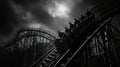 Ride a Wooden Rollercoaster Under Dramatic Sky, Black and White Theme Royalty Free Stock Photo