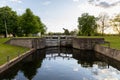 Rideau Canal lock system gates. Waterway infrastructure in Smiths Falls, Canada. Royalty Free Stock Photo