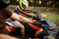 Rider on atv, view through the helmet, quadbike