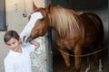 Rider boy caressing a horse Royalty Free Stock Photo