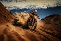 Rider on a cross-country enduro motorcycle go fast at the desert.