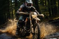 Rider on a cross-country enduro motorcycle go fast in wet forest.