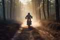 Rider driving motorcycle through forests roads, Generative AI