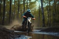 Rider driving motorcycle through forests roads, Generative AI