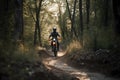 Rider driving motorcycle through forests roads, Generative AI