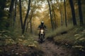 Rider driving motorcycle through forests roads, Generative AI