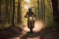 Rider driving motorcycle through forests roads, Generative AI