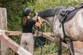 Rider in equestrian clothes holding the reins and leading horse, side view Royalty Free Stock Photo