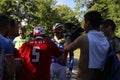 A rider for FDJ stops to talk to fans after completing stage 5 of the 2017 Tour de France