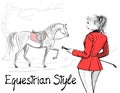 Beautiful fashion woman with english equestrian sport hunting style red jacket and horse with saddle.