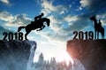 The rider on the horse jumping into the New Year 2019. Royalty Free Stock Photo