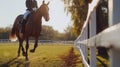 A rider on a horse is about to jump over a white fence from a paddock. Equestrian sport and its possibilities for improving the