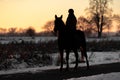 rider on horseback, silhouette at sunset Royalty Free Stock Photo