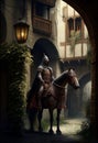 A rider on horseback stands in the middle of a medieval courtyard. AI Generated