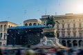Rider with a lion sculpture are sitting on a lot of pigeons in the Piazza del Duomo in Milan, Italy. Royalty Free Stock Photo