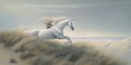 Rider on magnificent white horse in full gallop on seaside with grass and dunes, AI generative