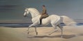 Rider on magnificent white horse in full gallop on seaside with grass and dunes, generative AI Royalty Free Stock Photo