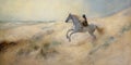 Rider on magnificent white horse in full gallop on seaside with grass and dunes, generative AI Royalty Free Stock Photo