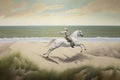 Rider on magnificent white horse in full gallop on seaside with grass and dunes, generative AI Royalty Free Stock Photo