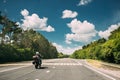 Rider On Motorbike, Motorcycle Bike In Motion On Country Road. Motion On Freeway In Europe.