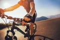 Rider`s hand on a mountain bike handlebars Royalty Free Stock Photo