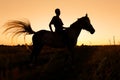 A rider silhouette on horseback at sunset Royalty Free Stock Photo