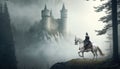 Rider on white horse observing magestic castle appearing out of the mist in mysterious forest, AI generative Royalty Free Stock Photo