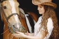 Portrait of rider woman feeding her brown horse Royalty Free Stock Photo