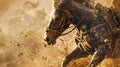 A riderless horse galloping through the dust with the Numidian warrior who previously rode it now fighting fiercely on