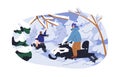 Riders on snowmobile, snow scooter on winter vacation. People riding, driving snowmachine, skimobile. Extreme adventure in