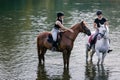 Riders, two young women riding horses down the river Royalty Free Stock Photo