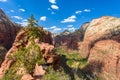 Ridge walk in beautiful scenery in Zion National Park along the Angel's Landing trail, Hiking in Zion Canyon, Utah, USA Royalty Free Stock Photo