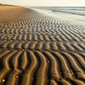 Ridges and grooves in wet sand, formed by tidal actions, create a visually striking pattern on a Royalty Free Stock Photo
