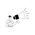 The ridicule is holding a bullhorn . hour concept . black and lacuna analogue smash. Trendy style, Vector Illustration