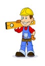 Ridiculous caricature the cheerful worker with the tool in hands