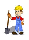 Ridiculous caricature the cheerful worker with the tool in hands. Royalty Free Stock Photo