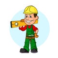 Ridiculous caricature the cheerful worker with the tool in hands a vector illustration.