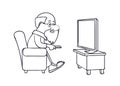 Ridiculous caricature, the elderly man watches TV.